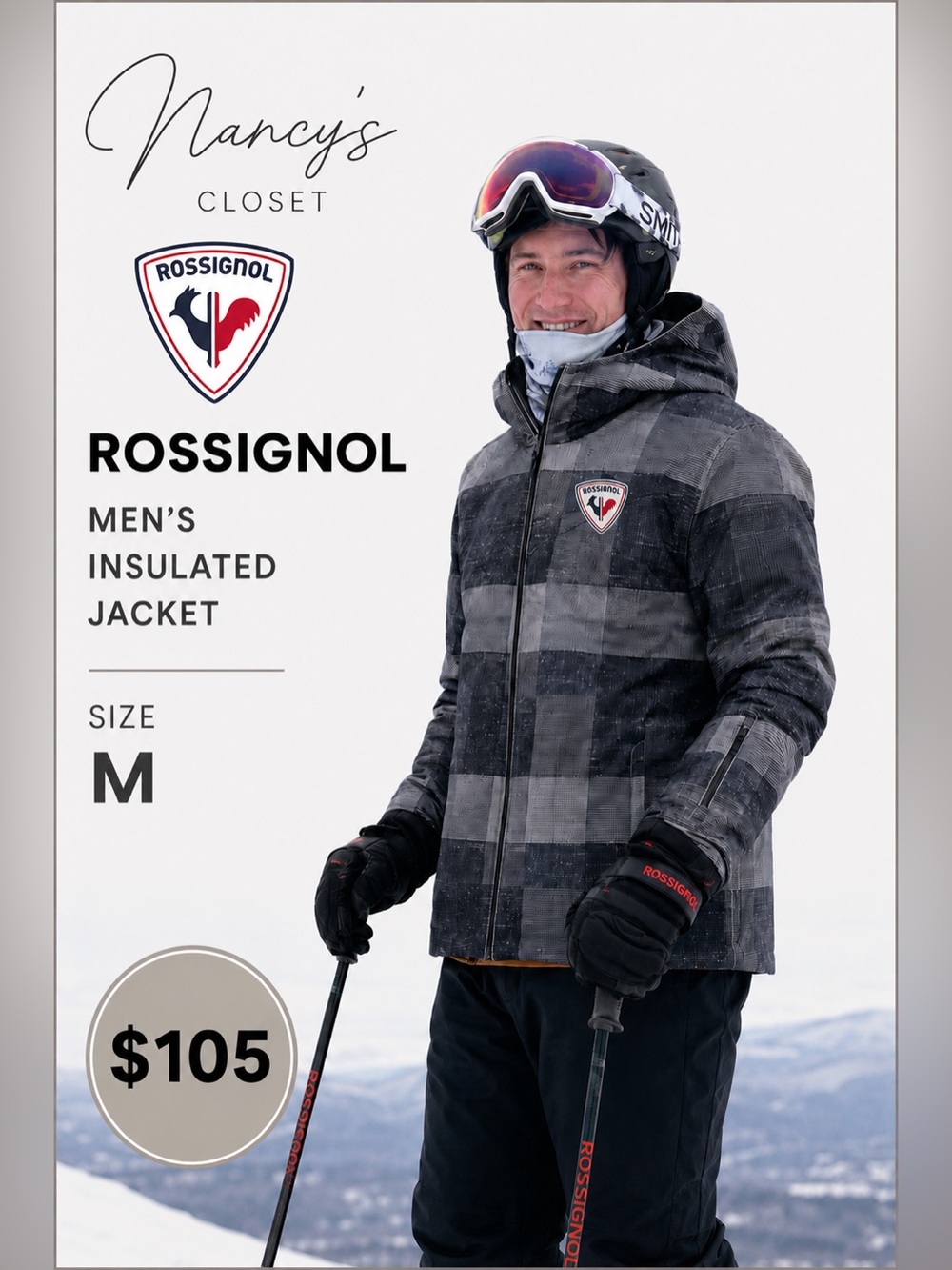 Rossignol Men’s Medium Insulated Ski Jacket Gray Plaid Waterproof Winter Jacket